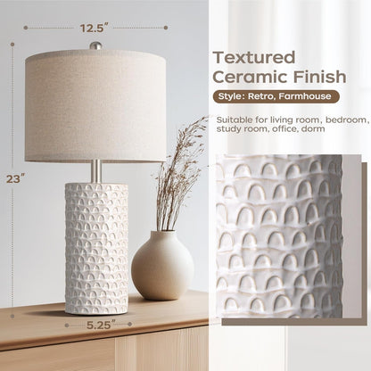23" Modern Ceramic Table Lamp Set of 2, Table Lamps for Living Room, Rustic Farmhouse Bedside Lamps Nightstand Lamp for Bedroom, White Desk Lamp for End Table Home Decor Beige3
