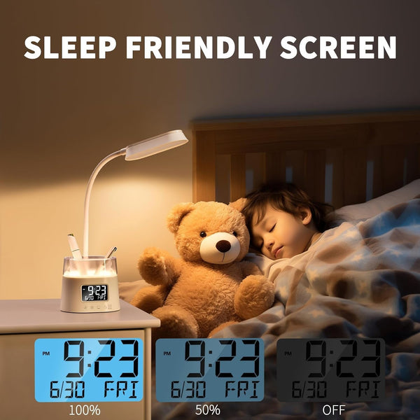 Led Desk Lamp with Pen Holder, Touch Lamps for Nightstand with 3 Color Modes, Eye-Caring Bedside Reading Light with Clock, Office Lamps Stepless Dimming, Lamp for Dorm Room, Suitable for Kid/Girl/Boy6