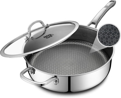 Frying Pans Nonstick with Lid,Hybrid Non Stick 5 Quart Saute Pan,Pfoa Free Cookware,Stainless Steel Skillet,12 Inch Deep Saute Pan,Dishwasher&Oven Safe,Works on All Cooktops1