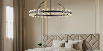 60 Inch Black Wagon Wheel Chandelier with Crystal Shade, 60 Lights, Large round Modern Farmhouse Style, Perfect for High Ceiling, Dining Room, Kitchen, Entryways, Foyer8