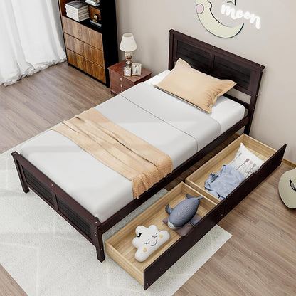Twin Size Wood Bed Frame with 2 Storage Drawers, Mid Century Platform Bed Frame with Headboard, Sturdy Wooden Slats Support, Modern Mattress Foundation, No Box Spring Required, Easy Assembly4