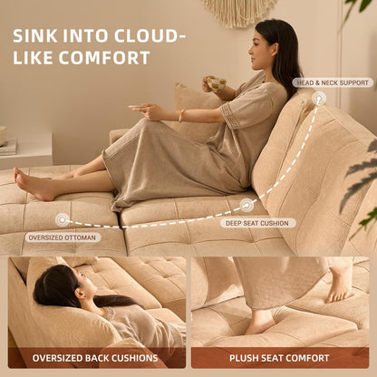 112" U Shaped Modular Cloud Sectional Couch, Waffle Fabric, Oatmeal Beige4