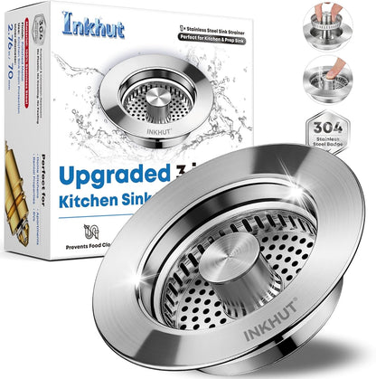 Upgraded 3 in 1 Kitchen Sink Drain Strainer | Stainless Steel Sink Stopper, Anti-Clogging Food Catcher Basket, Bounce Core Drain Strainer Plug for 3 1/2 Inch Drain1