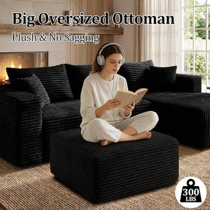 Boneless Ottoman, Modern Corduroy Cloud Foot Rest Foam Support, Oversized Modular Sectional Sofa Stool for Living Room, Bedroom & Small Spaces, No Assembly Required (Black, Ottoman)4