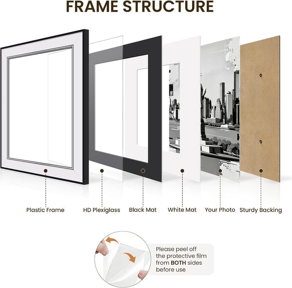8X10 Picture Frame with Dual Mats, Black Photo Frames Matted for 5X7/6X84