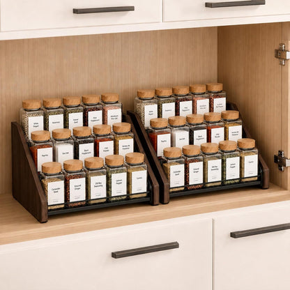 4-Tier Spice Organization for Cabinet, Adjustable Depth Spice Holder for Countertop, Cupboard, Pantry, Seasoning Organizer, Wood & Solid Metal4