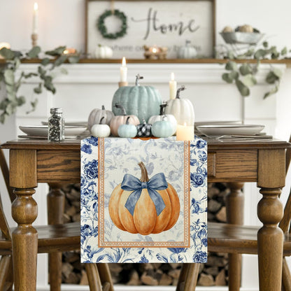 210 GSM Fall Table Runner Home Party Decor 13X72 Inch | Orange Pumpkin Bow Blue White Porcelain, Seasonal Kitchen Dining Table Decoration2