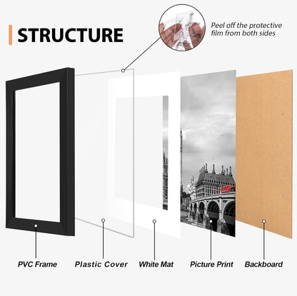 4X6 Picture Frame Set of 6 with Plastic Cover, PVC, Black4