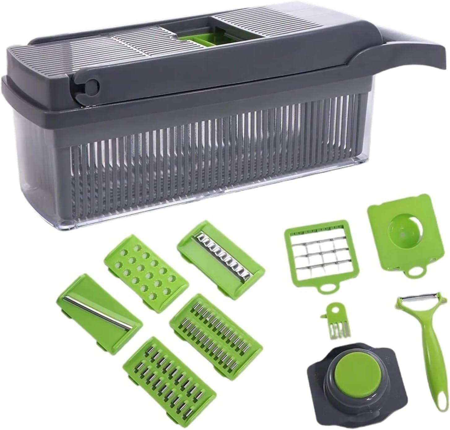 kitchen-vegetable-cutter-with-interchangeable-blades-carrot-grater-potato-peeler-slicer-tool-with-storage-container-green