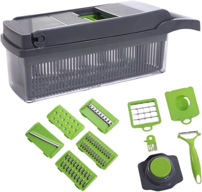 Kitchen Vegetable Cutter with Interchangeable Blades Carrot Grater Potato Peeler Slicer Tool with Storage Container Green1