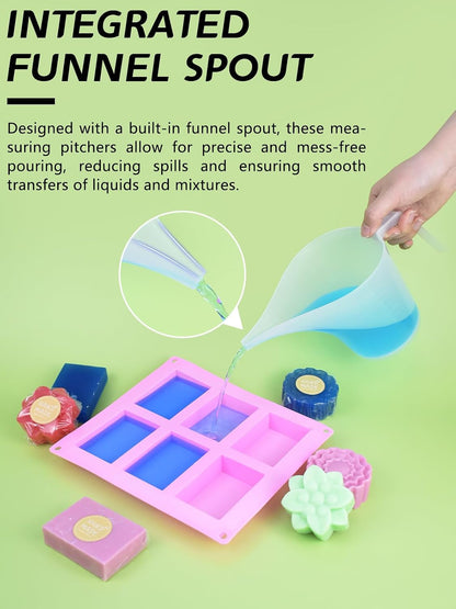 Funnel Pitcher Set - 4 Pack, 1000Ml Plastic Measuring Pitchers with Funnels, 4 Stirring Rods, and 15 Small Measuring Cups for Soap Making, Resin Casting, Baking, and DIY Crafts7