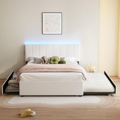 Queen Size Upholstered Platform Bed W/Trundle Bed & 2Storage Drawers3