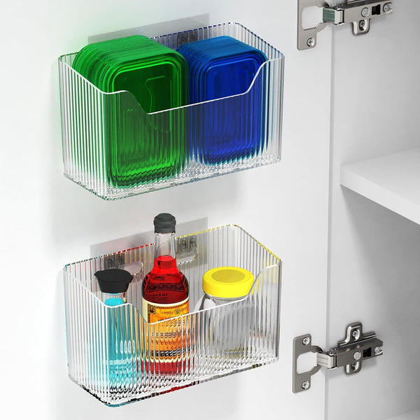 2 Pack Cabinet Door Organizer, inside Cabinet Door Storage, Shower Caddy Stackable Clear Plastic Makeup Organizer Adhesive Hanging Bin for Kitchen Cabinets, Bathroom, Pantry, Office1