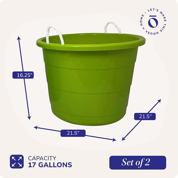 Utility Tub, Storage Bucket with Rope Handles, 17 Gal, Green, 2 Pack6