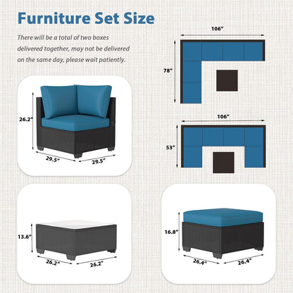 7 Piece Outdoor Patio Furniture Set, Outdoor Sectional Conversation Furniture Chair with Coffee Table, Patio Sectional for Backyard, Garden(Peacock Blue Cushion and Black Rattan)4