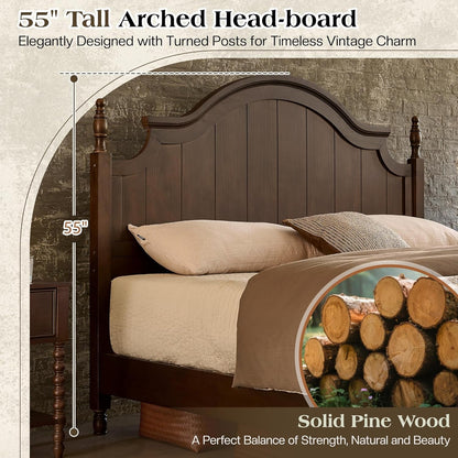 Queen Size Solid Wood Poster Bed, 55" Arched Headboard, Dark Walnut3