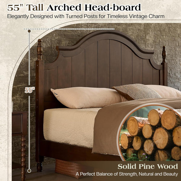 Queen Size Solid Wood Poster Bed, 55" Arched Headboard, Dark Walnut3