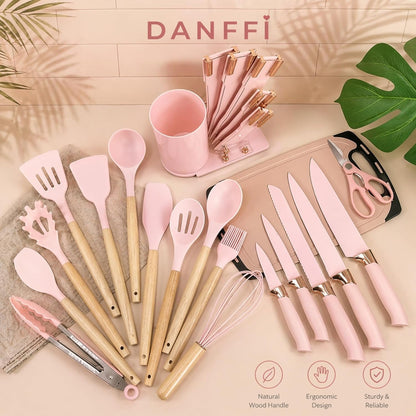 19-Piece Pink Kitchen Utensils Set with Knife Set & Cutting Board - Silicone Cooking Utensils with Wooden Handles, Rose Gold Accents, Scissors, Whisk & Tongs - Bpa-Free Pink Kitchen Gift Set2