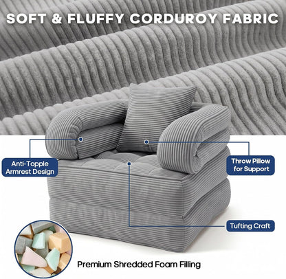 Folding Sofa Bed, Convertible Sleeper Chair with Armrests for Adults, Foldable Corduroy Boneless Bed, 3-In-1 Portable Futon Couch Floor Sofa with Pillow for Bedroom, Living Room, Gray6