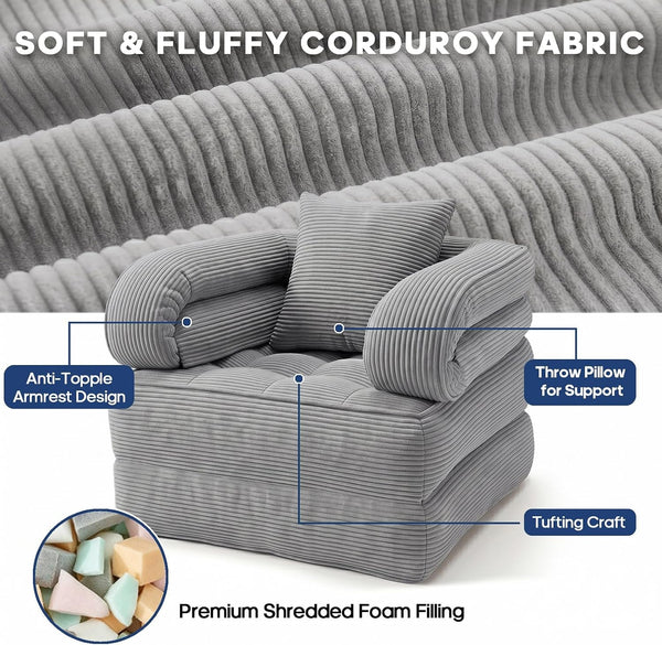 Folding Sofa Bed, Convertible Sleeper Chair with Armrests for Adults, Foldable Corduroy Boneless Bed, 3-In-1 Portable Futon Couch Floor Sofa with Pillow for Bedroom, Living Room, Gray6