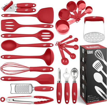 Silicone Kitchen Utensils Set 24 Pcs Cooking Utensils Set - Can Opener, Masher, Turner, Spatula 446°F Heat Resistant Non-Stick - Premium Silicone and Stainless Steel Utensil Set1