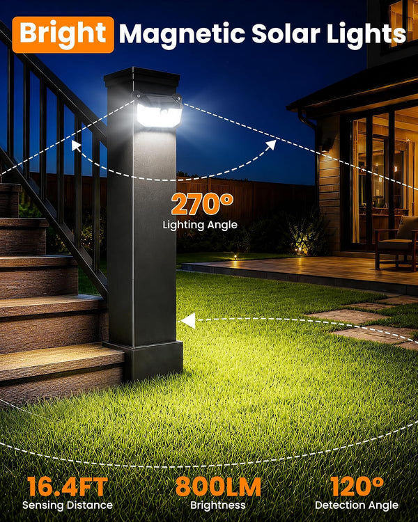 178 LED Magnetic Solar Lights Outdoor, 800LM Solar Motion Lights Outdoor with 2 Strong Magnets, IP65 Waterproof Solar Security Light for Metal Fence, Railing, Deck, Chain Link 2 Pack3