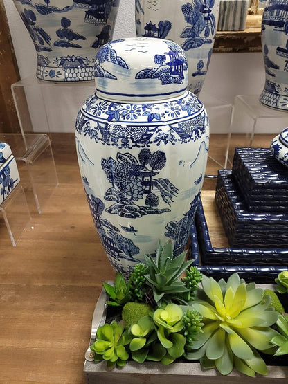 16" Blue and White Urn Style Ceramic Porcelain Ginger Jar Classic Temple Landscape Design Home Decor5