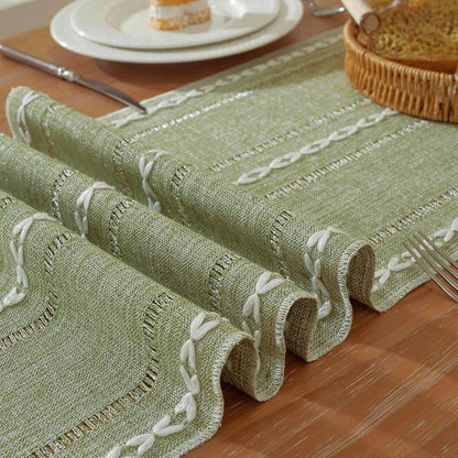 Sage Green Boho Cotton Linen Table Runner, Farmhouse Woven Table Runners Spring Holiday Kitchen Dining Table Decoration for Home Party Decor 13 X 482