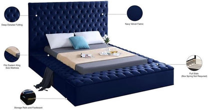 King Bed, Solid Wood Frame, Navy Tufted Velvet Fabric, 96" W X 98" D X 60.5" H, Storage Rails, Footboard, Full Slats, Modern Style Bedroom Furniture6