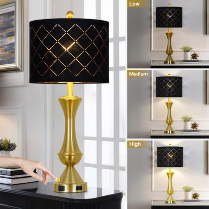 29" Gold Modern Table Lamps Set of 2, 3-Way Dimmable Touch Lamps for Nightstand with USB A+C & Outlets,Brass Lamps for Living Room, Bedroom, Nightstand, Entryway(2 Bulbs Included)3