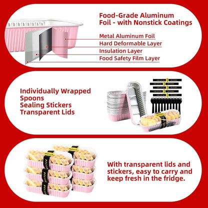 Mini Loaf Pans with Lids and Spoons Sealing Sticker,6.8Oz Cake Pans for Baking Disposable Aluminum Foil Pink/Red Cake Pan (30, Pink)3