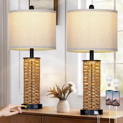 27" Boho Rattan Table Lamps Set of 2, Coastal Bedside Lamp with Night Light, Woven Wicker Bedroom Nightstand Lamps with USB A+C Charging Port, Tall Farmhouse Lamp for Living Room End Table6