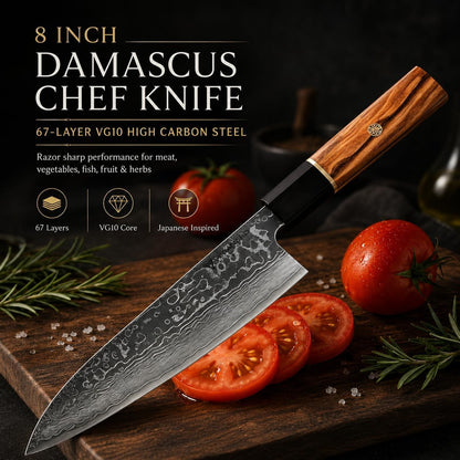 8 Inch Damascus Chef Knife | 67 Layer VG10 Japanese Kitchen Knife | Razor Sharp High Carbon Steel Blade | Octagonal Ebony Wood Handle | Professional Cooking Knife for Meat Vegetables Fish2