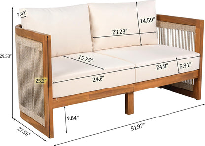 4-Piece Patio Conversation Set,All Weather Sectional Sofa Set W/ 2 Chairs, Loveseat & Table Premium, Acacia Wood Outdoor Furniture Set with Woven Rope Accents and Cushions (Teak+ Beige#82)2