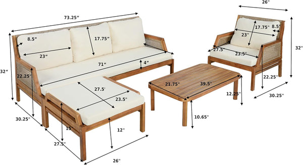 Zura 4 Piece Patio Furniture Set with Removable Cushion, Outdoor Acacia Wood Conversation Set with Ottoman, Outdoor Sectional Sofa Set with Coffee Table, Teak+Cream4