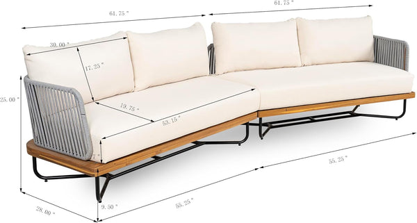 Justin 4 Pieces Conversation Set, Acacia Wood Chat Set, 3 Woven Rope Outdoor Sofa and Slat Panel Coffee Table, Patio Furniture Set for Backyard Balcony Garden, Teak+ Beige3