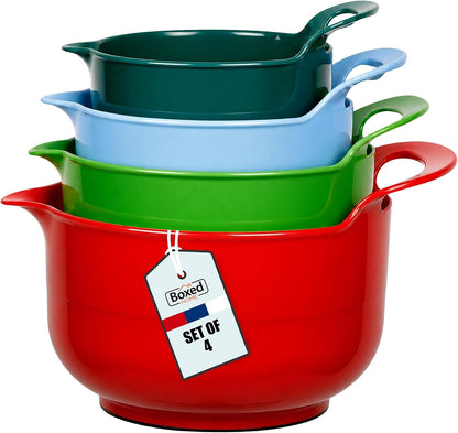 4 Pack Nesting Mixing Bowl Christmas Set with Pour Spout and Handle, BPA Free Microwave & Dishwasher Safe(Christmas Colours, 4 Pack with Handle)1