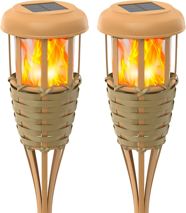 Flickering Flames Solar Powered Lights - Upgraded Solar Torches Waterproof Outdoor Decorative Lighting Auto On/Off, Handmade Bamboo Finish, 2-Pack1