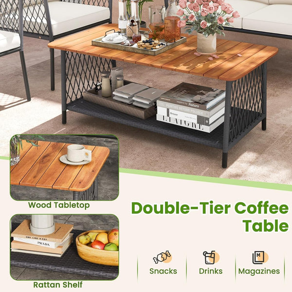 4 Piece Patio Furniture Set, Patiojoy Rattan Chair Set W/ 2-Tier Coffee Table, Acacia Wood Armrests & Tabletop, Soft Seat & Back Cushions, Outdoor Wicker Conversation Set8