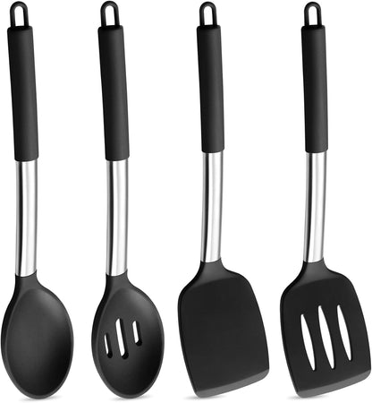 Black Kitchen Cooking Utensil Set of 4, Slicone Head & Steel Body | Silicone Solid Spatulas Slotted Spoons Turners for Non-Stick Cookware Flipping Mixing, Heat-Proof1