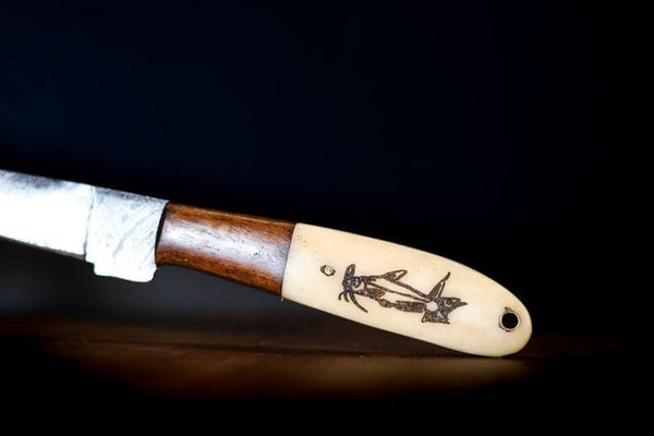Damascus Fillet Knife - 13" Total Length, 8" Blade, 5" Camel Bone Handle with Engraved Fish Design, Includes Leather Sheath - Handcrafted Precision Knife for Fishing & Culinary Use7
