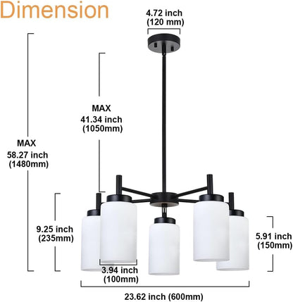 5 Light Modern Chandeliers Black Finish Pendant Lighting Fixtures with Opal White Glass Shade Rustic Ceiling Hanging Lights for Living Room Dining Room Kitchen Island4