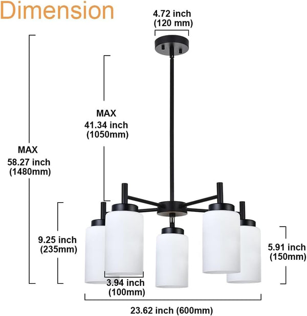 5 Light Modern Chandeliers Black Finish Pendant Lighting Fixtures with Opal White Glass Shade Rustic Ceiling Hanging Lights for Living Room Dining Room Kitchen Island4