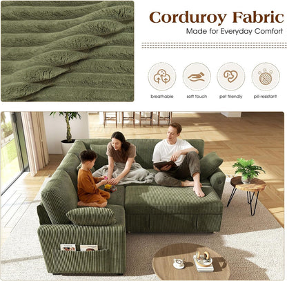 83-Inch 5-Seater Large Sectional Sofa Bed with Storage, Corduroy Reversible Modular Sleeper Sofa with USB Port & 4 Pillows, Convertible L-Shaped Couch for Living Room（Green）4