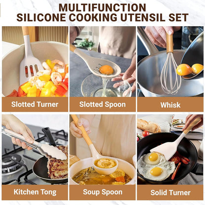 31-Piece Pink Silicone Kitchen Utensil Set with Holder – Heat-Resistant Non-Stick Cooking Tools, Wooden Handles, Measuring Cups & Spoons, Hooks, Tongs, Spatulas7