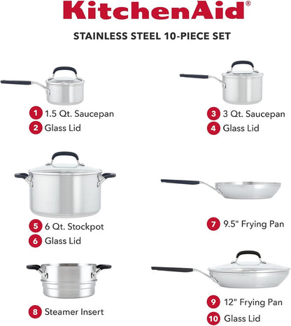 Kitchenaid Stainless Steel Cookware Induction Pots and Pans Set, 10-Piece, Brushed Stainless Steel2