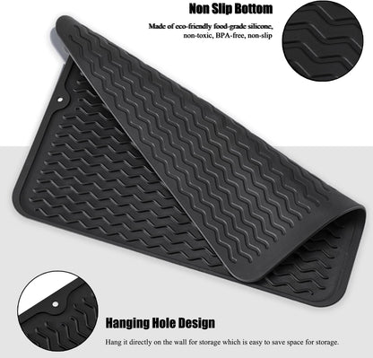 Silicone Dish Drying Mat, Non-Slip Easy Clean Sink Mat, Black, 16" X 12" | Quick-Dry Ridges, Large Heat-Resistant Dish Drainer Mat for Kitchen Counter, Hangable & Roll-Up for Storage, Dishwasher Safe4