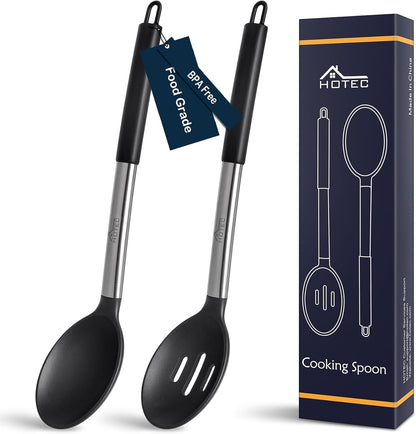 446°F Heat Resistant Large Silicone Cooking Spoon, BPA Free Solid Slotted Spoons, Nonstick Kitchen Cookware Utensils, Mixing, Serving, Stiring Large Spoons, Black1