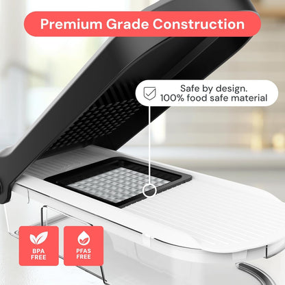 Pro Core Vegetable Chopper & Mandoline Slicer, Meal Prep Essential | 6 in 1 Veggie Slicer, Onion & Fruit Slicer with Julienne, Grater & Dicer Stainless Steel Blades + Container (White)5