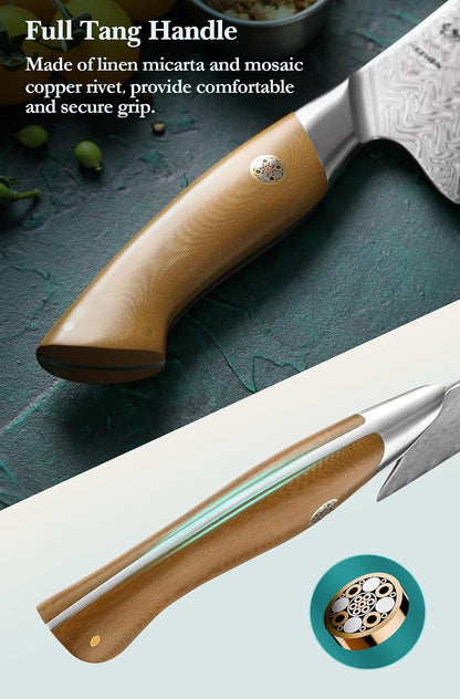 Damascus Chef Knife, 8.5 Inches, 67 Layers Damascus Steel, Professional Japanese Kitchen Knife for Chefs and Home Cooking, Ultra-Sharp Blade with Linen Micarta Handle, Gift Packing4